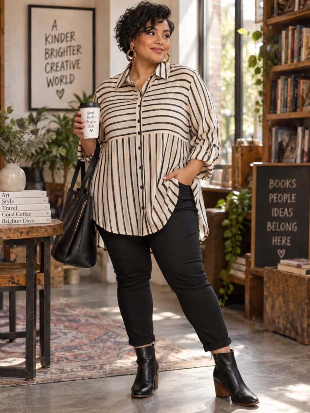 Fred David Striped Button Front Tunic Blouse 1X NWT Black Cream Plus